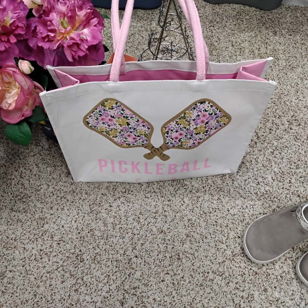 3899 Large Pickleball Club Floral Paddle Tote Bag - Pink & White - Picture 5 of 6